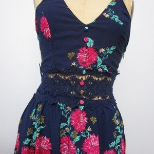 Floral Maxi Halter Racer Dress Fuchsia Navy Blue Crepe
